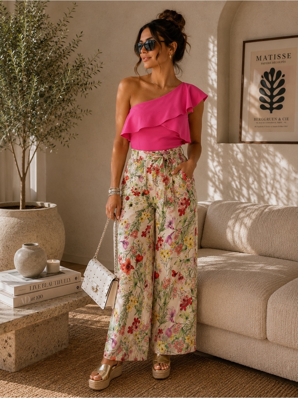 Zara White Multicolor Floral High-Waist Cropped Wide-Leg Pants
